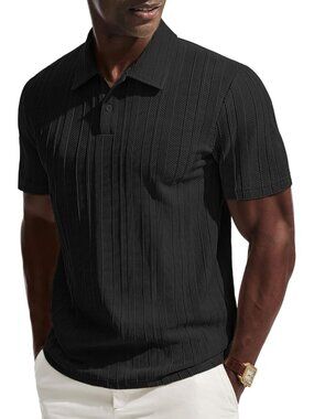 Men's Black Polo Shirts Short Sleeve Casual Textured Knit Collared Golf